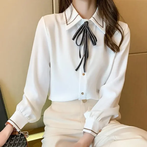 Korean Fashion Lapel Lace Up Button Shirt Women's Clothing 2023 Spring New Office Lady Casual Long Sleeve Solid Commute Blouse - Image 5