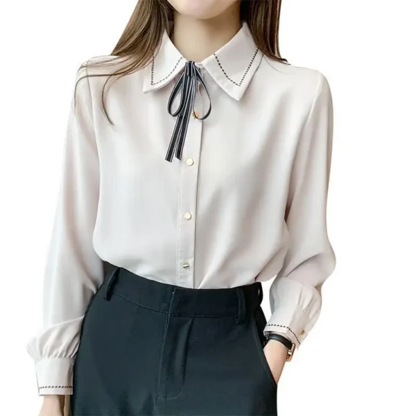 Korean Fashion Lapel Lace Up Button Shirt Women's Clothing 2023 Spring New Office Lady Casual Long Sleeve Solid Commute Blouse - Image 6