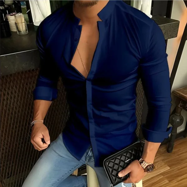 Bababuy Men's Long Sleeve Shirts Casual Streetwear Stand Collar Shirts Solid Color Tops - Image 3