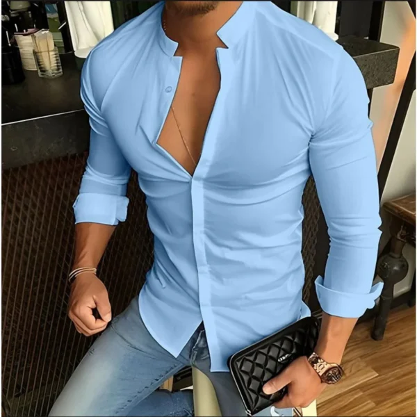 Bababuy Men's Long Sleeve Shirts Casual Streetwear Stand Collar Shirts Solid Color Tops - Image 4