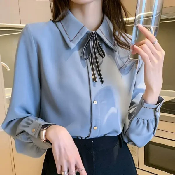 Korean Fashion Lapel Lace Up Button Shirt Women's Clothing 2023 Spring New Office Lady Casual Long Sleeve Solid Commute Blouse - Image 2