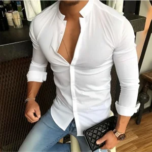 Bababuy Men's Long Sleeve Shirts Casual Streetwear Stand Collar Shirts Solid Color Tops