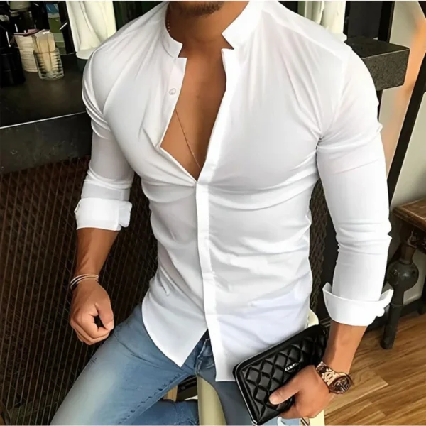 Bababuy Men's Long Sleeve Shirts Casual Streetwear Stand Collar Shirts Solid Color Tops