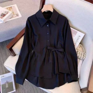 Fashion Korean Turn-down Collar Lace Up Button Shirt 2025 Autumn Women's Clothing All-match Solid Color Long Sleeve Loose Blouse