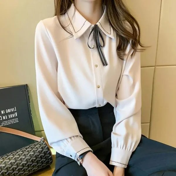 Korean Fashion Lapel Lace Up Button Shirt Women's Clothing 2023 Spring New Office Lady Casual Long Sleeve Solid Commute Blouse - Image 3