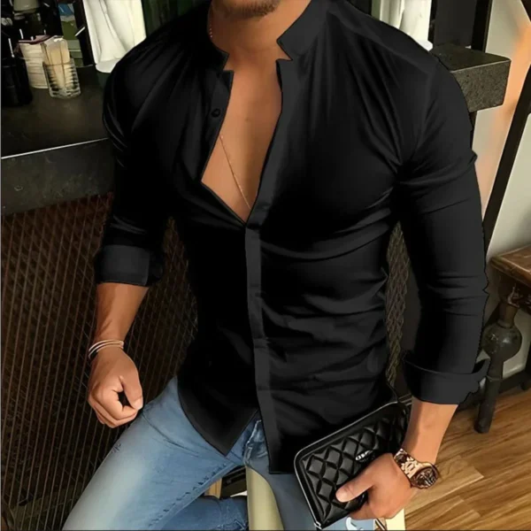 Bababuy Men's Long Sleeve Shirts Casual Streetwear Stand Collar Shirts Solid Color Tops - Image 2