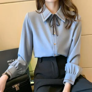 Korean Fashion Lapel Lace Up Button Shirt Women's Clothing 2023 Spring New Office Lady Casual Long Sleeve Solid Commute Blouse