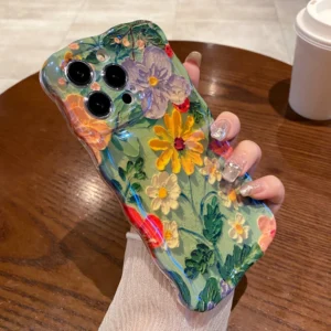 Luxury Green Laser Flowers Phone Case For iPhone 14 Plus 11 12 13 15 Pro Max 16 SE4 Lens Protection Shockproof Bumper Soft Cover