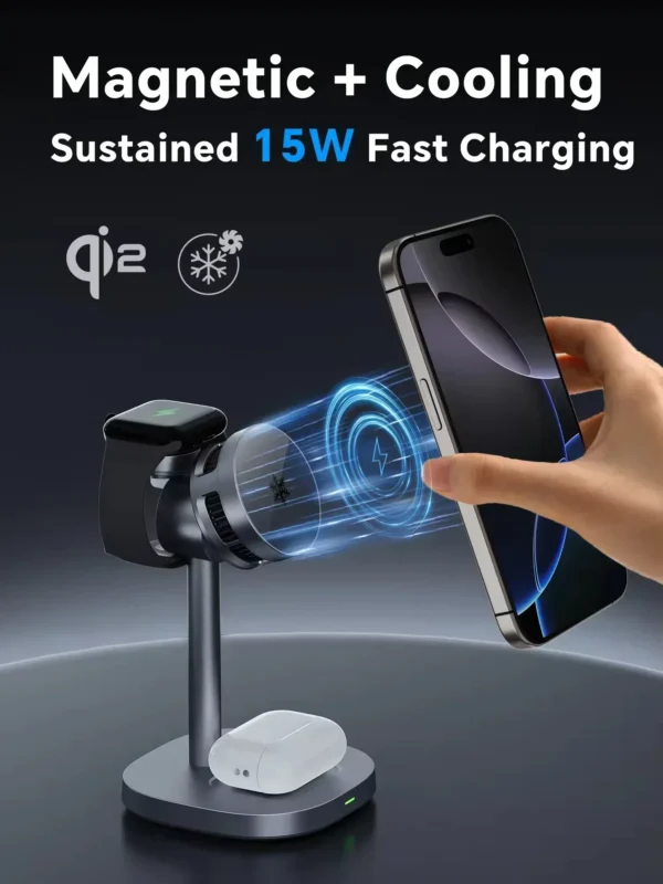 TEC Cooling Qi2 3 in 1 Magnetic Wireless Charger Stand 15W Fast Charging Folding Bracket for Iphone 16 Pro Max, Airpods,iwatch - Image 2