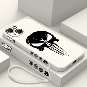 Luxury Marvel Punisher Logo Phone Case For Apple iPhone 15 14 13 12 11 Pro Max Plus 8 7 SE Liquid Left Rope Capa Cover