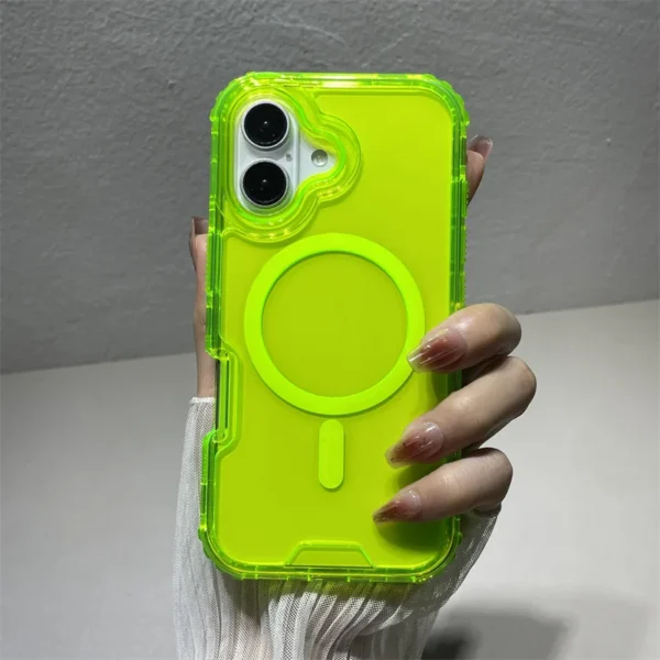 Magnetic Transparent Shockproof Armor Case for iPhone Magsafe Wireless Charge Cover Neon Color 3 in 1 16, 15, 13, 12, 14 Pro Max - Image 2