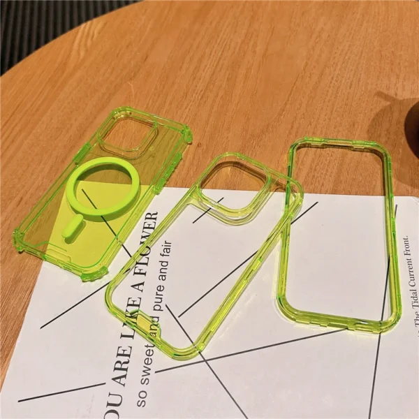Magnetic Transparent Shockproof Armor Case for iPhone Magsafe Wireless Charge Cover Neon Color 3 in 1 16, 15, 13, 12, 14 Pro Max - Image 5