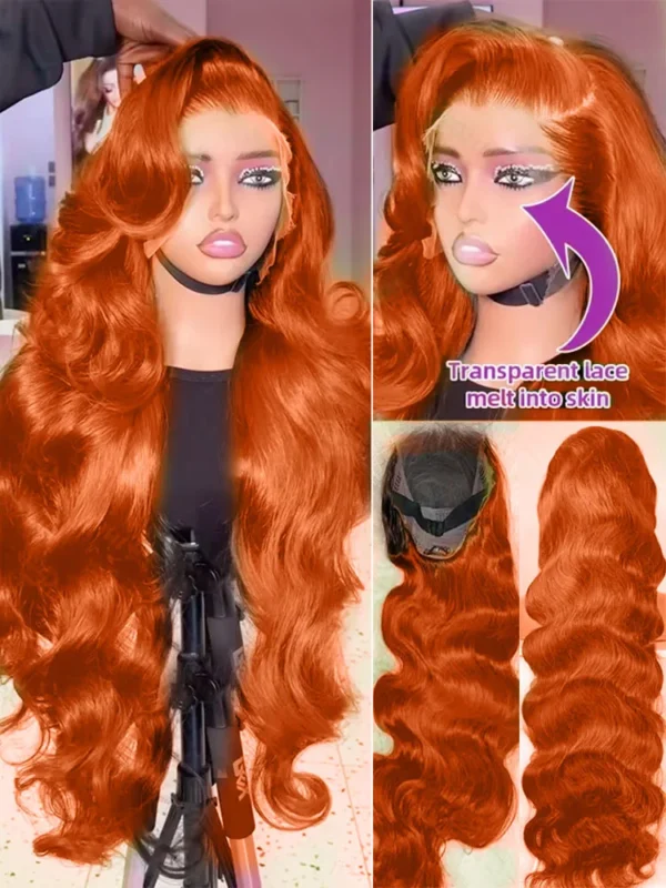 Orange Ginger HD 13x6 Lace Front Wigs Human Hair Body Wave #350 Colored Water Wave Brazilian Transparent Lace Frontal Wig 200% - Image 4