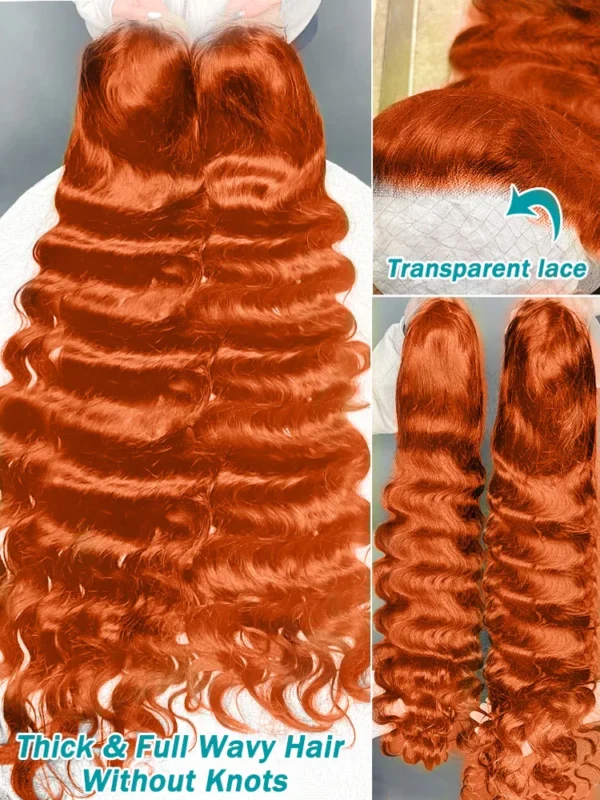 Orange Ginger HD 13x6 Lace Front Wigs Human Hair Body Wave #350 Colored Water Wave Brazilian Transparent Lace Frontal Wig 200% - Image 2