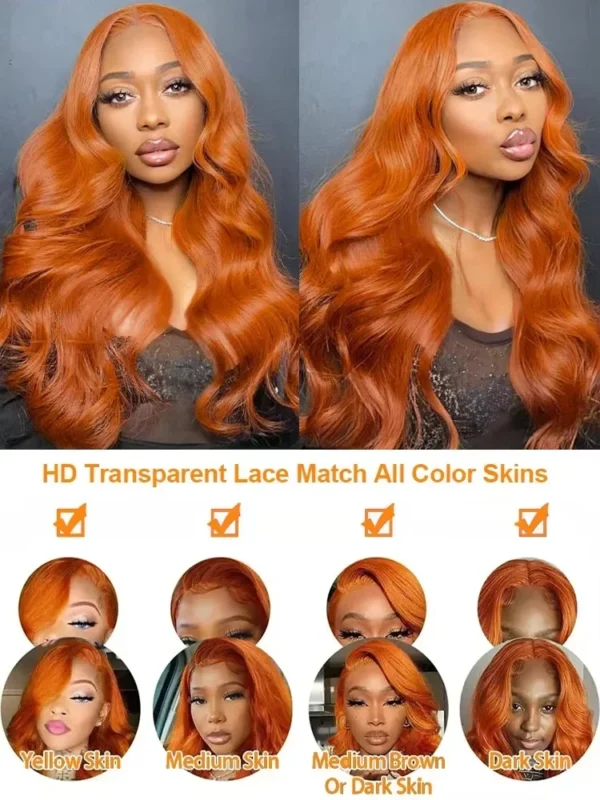 Orange Ginger HD 13x6 Lace Front Wigs Human Hair Body Wave #350 Colored Water Wave Brazilian Transparent Lace Frontal Wig 200% - Image 6