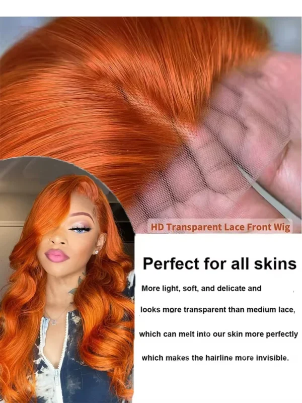 Orange Ginger HD 13x6 Lace Front Wigs Human Hair Body Wave #350 Colored Water Wave Brazilian Transparent Lace Frontal Wig 200% - Image 5