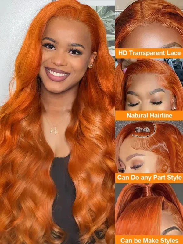 Orange Ginger HD 13x6 Lace Front Wigs Human Hair Body Wave #350 Colored Water Wave Brazilian Transparent Lace Frontal Wig 200% - Image 3
