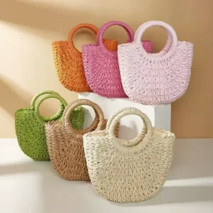 Handwoven Straw Rattan Half-Moon Beach Handbag, Large Capacity Women Summer Hollow Out Shoulder Crossbody Bag, Woven Tote Bag