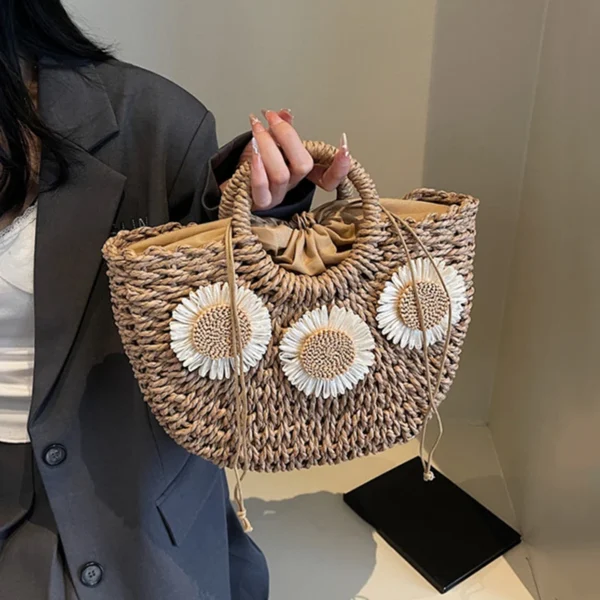 Women Straw Woven Bag Fashion Shoulder Bag Large Capacity Handwoven Tote Bag Drawstring Chic Hobo Bag Summer Beach Bag - Image 3