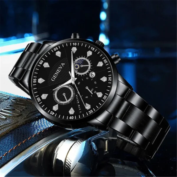 2pcs Fashion Mens Black Wing Bracelet Watches Set Men Business Stainless Steel Quartz Watch Male Clock Calendar Wristwatch - Image 3