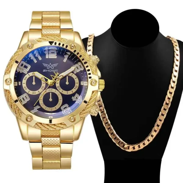 2PCS/Set Fashion Men Business Watches Luxury Large Dial Men's Analog Quartz Watch with Necklace Reloj Hombre（Without Box）