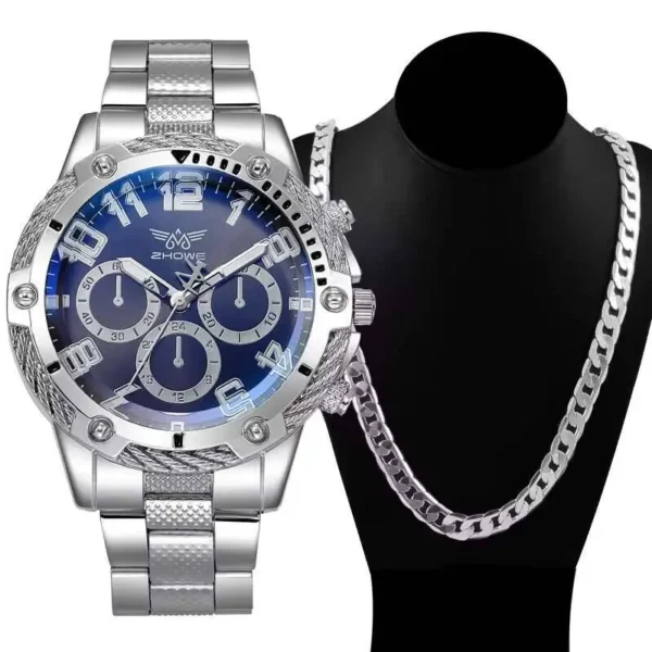 2PCS/Set Fashion Men Business Watches Luxury Large Dial Men's Analog Quartz Watch with Necklace Reloj Hombre（Without Box） - Image 3