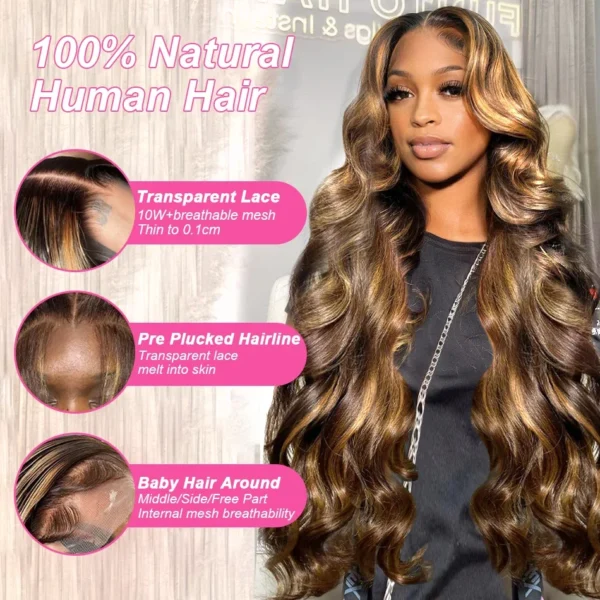 P4/27 Highlight Lace Frontal Wig Preplucked Body Wave Human Hair 200 Density 13x4 13x6 HD Full Lace Front Wigs For Women 46 Inch - Image 4