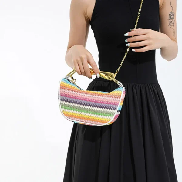 2025 New Fashion Metal Handle Rainbow Straw Woven Handbag Brand Designer Handwoven Crossbody Shoulder Bag Luxury Clutch Purse - Image 4