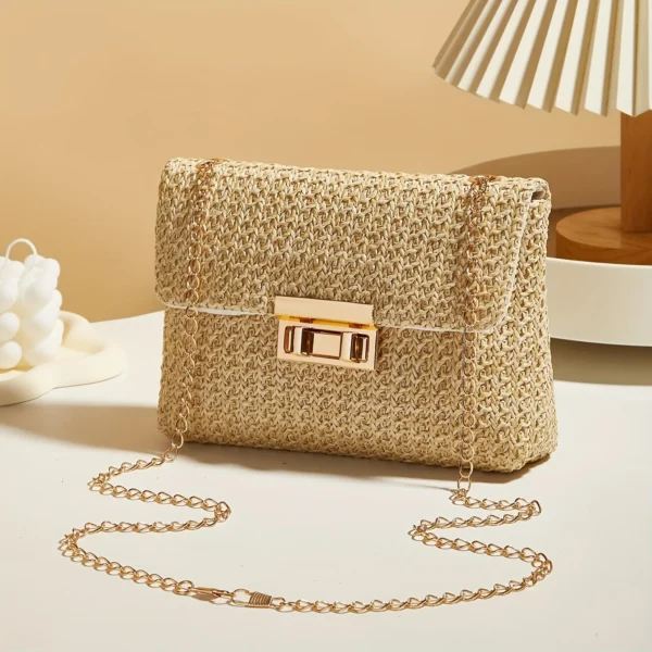 Woven Straw Handwoven Women's Shoulder Bag, Fashion Solid Color Crossbody Purse with Lock Closure - Image 6