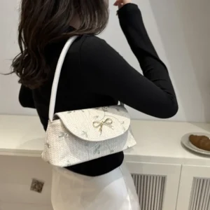 Portable Straw Underarm Bag Flower Design Handwoven Woven Shoulder Bag Unadjustable Weaving Embroidered Handbag