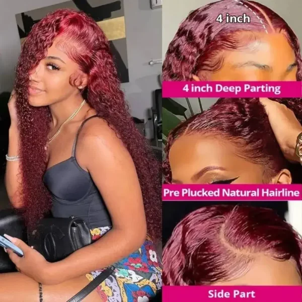 HD Transparent Lace 200 Density 13x4 13x6 Full Frontal Lace 99j Burgundy Preplucked Colored Deep Wave Frontal Human Hair Wig - Image 3