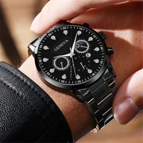 2pcs Fashion Mens Black Wing Bracelet Watches Set Men Business Stainless Steel Quartz Watch Male Clock Calendar Wristwatch - Image 4