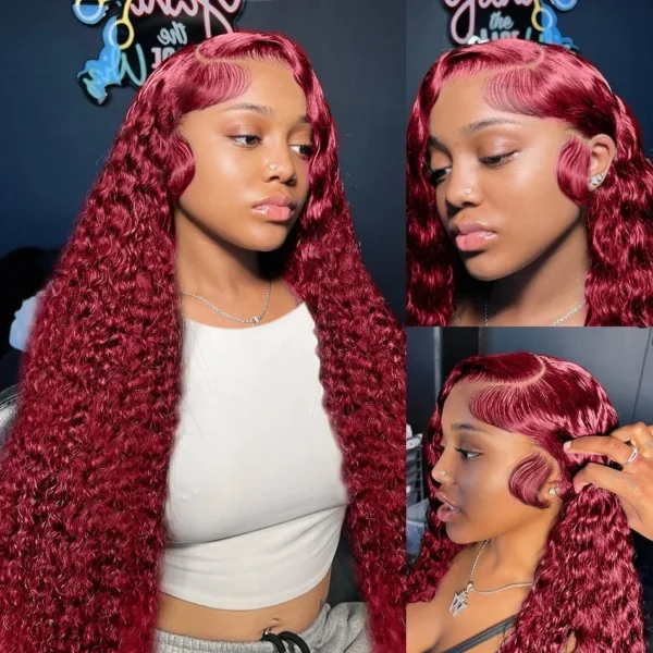HD Transparent Lace 200 Density 13x4 13x6 Full Frontal Lace 99j Burgundy Preplucked Colored Deep Wave Frontal Human Hair Wig - Image 2
