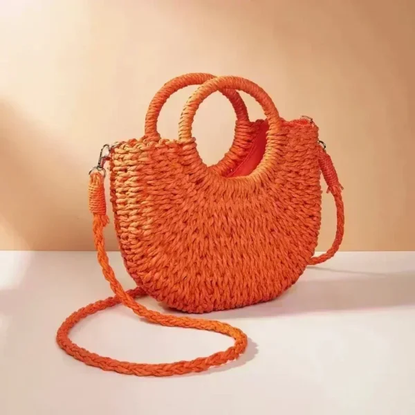 Handwoven Straw Rattan Half-Moon Beach Handbag, Large Capacity Women Summer Hollow Out Shoulder Crossbody Bag, Woven Tote Bag - Image 3