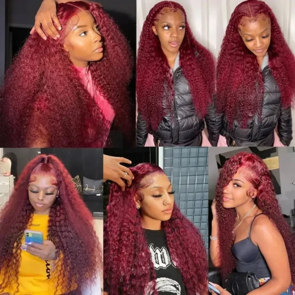 HD Transparent Lace 200 Density 13x4 13x6 Full Frontal Lace 99j Burgundy Preplucked Colored Deep Wave Frontal Human Hair Wig - Image 5