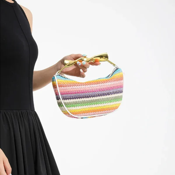 2025 New Fashion Metal Handle Rainbow Straw Woven Handbag Brand Designer Handwoven Crossbody Shoulder Bag Luxury Clutch Purse - Image 5