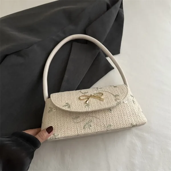 Portable Straw Underarm Bag Flower Design Handwoven Woven Shoulder Bag Unadjustable Weaving Embroidered Handbag - Image 5