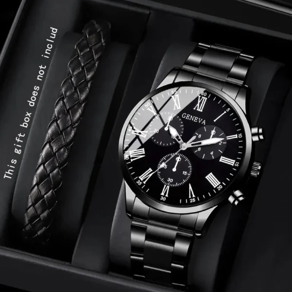 2PCS/Set Fashion Men Business Watches Casual Black Band Mens Quartz Wrist Watch Bracelet Set Reloj Hombre（Without Box） - Image 3
