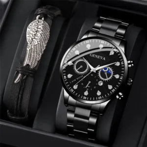 2pcs Fashion Mens Black Wing Bracelet Watches Set Men Business Stainless Steel Quartz Watch Male Clock Calendar Wristwatch