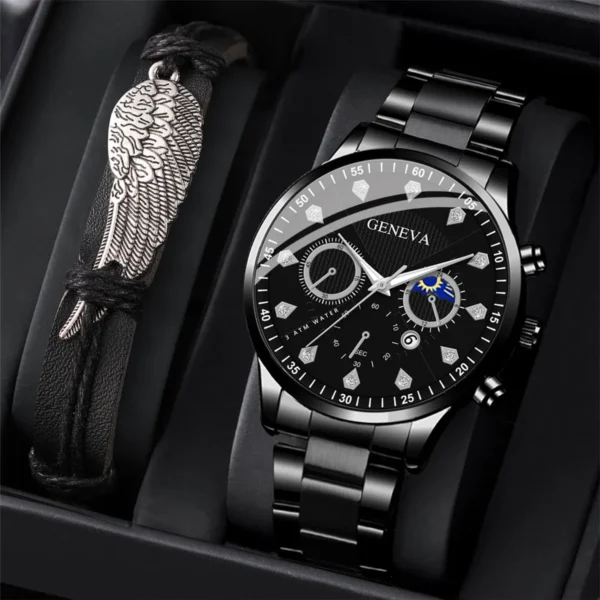 2pcs Fashion Mens Black Wing Bracelet Watches Set Men Business Stainless Steel Quartz Watch Male Clock Calendar Wristwatch