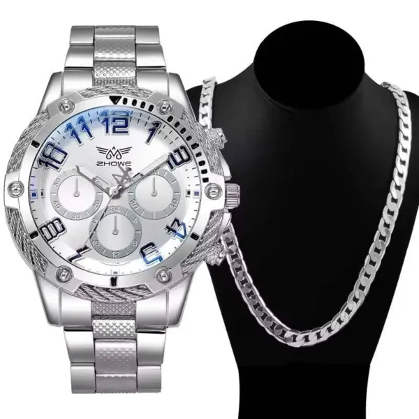 2PCS/Set Fashion Men Business Watches Luxury Large Dial Men's Analog Quartz Watch with Necklace Reloj Hombre（Without Box） - Image 4