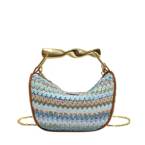 2025 New Fashion Metal Handle Rainbow Straw Woven Handbag Brand Designer Handwoven Crossbody Shoulder Bag Luxury Clutch Purse