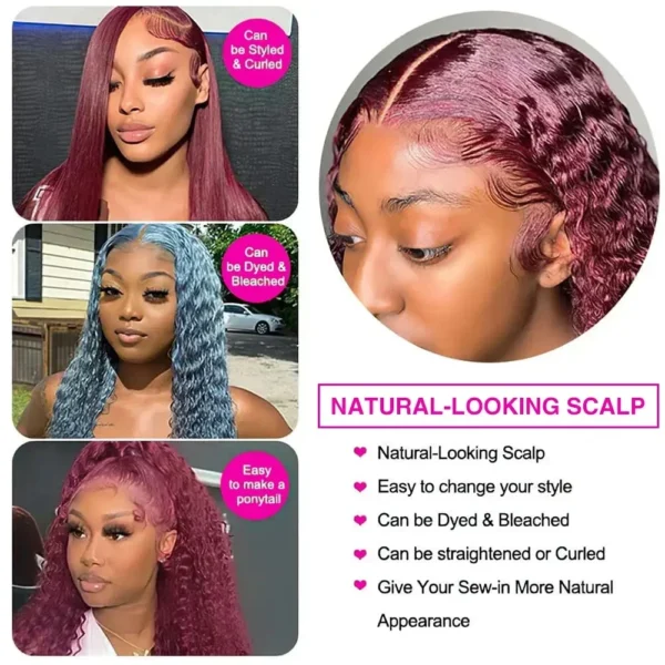 HD Transparent Lace 200 Density 13x4 13x6 Full Frontal Lace 99j Burgundy Preplucked Colored Deep Wave Frontal Human Hair Wig - Image 4