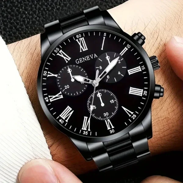 2PCS/Set Fashion Men Business Watches Casual Black Band Mens Quartz Wrist Watch Bracelet Set Reloj Hombre（Without Box） - Image 4